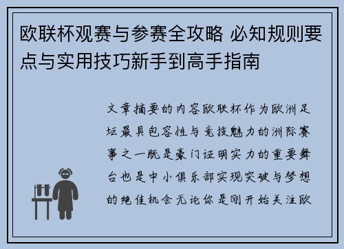欧联杯观赛与参赛全攻略 必知规则要点与实用技巧新手到高手指南