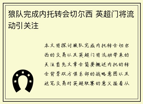 狼队完成内托转会切尔西 英超门将流动引关注
